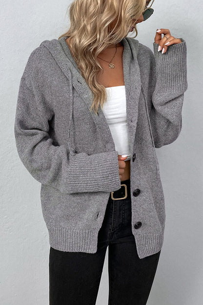 Drawstring Hooded Button Up Drop Shoulder Sweater Cardigan | Medium Grey