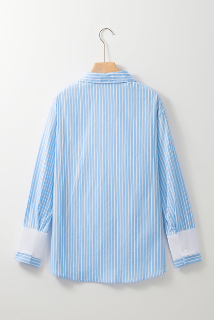 Contrast Patch Pocket Cuffed Sleeve Casual Shirt | Sky Blue Stripe