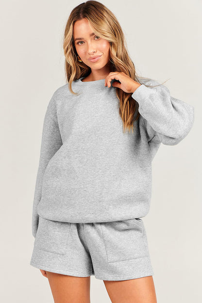 Solid Pullover Sweatshirt And Shorts 2 Piece Set | Light Grey