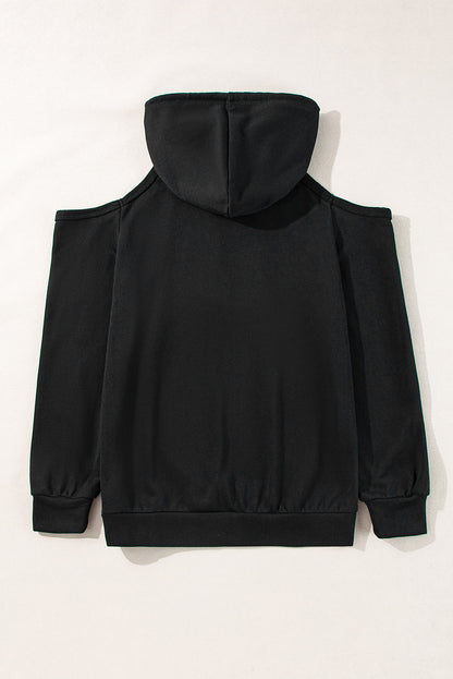 Exposed Seam Cold Shoulder Drawstring Hoodie | Black