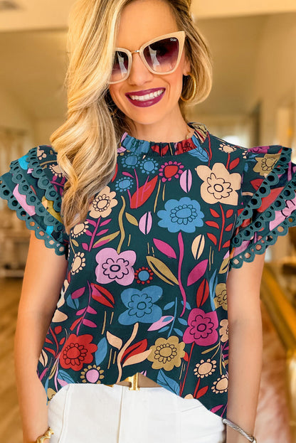 Trimmed Ruffle Sleeve Summer Floral Blouse | Green