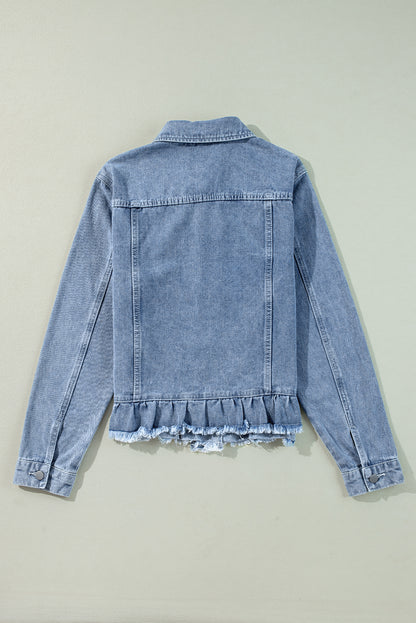 Ruffle Raw Hem Flap Pockets Denim Jacket | Beau Blue