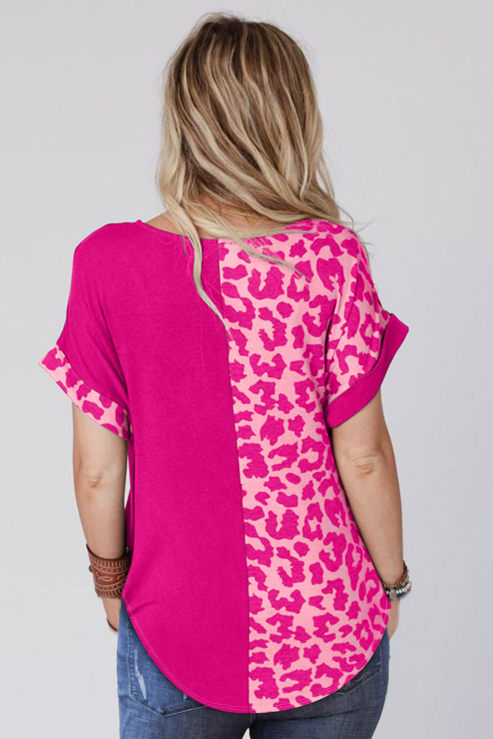 Half Leopard Patchwork Short Sleeves Top | Rose