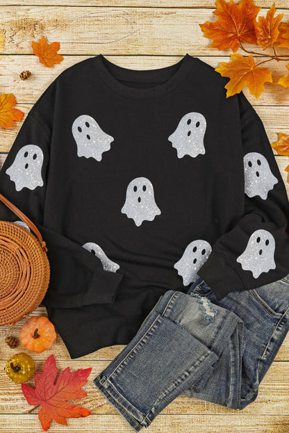 Glitter Ghost Pattern Crew Neck Halloween Sweatshirt | Black