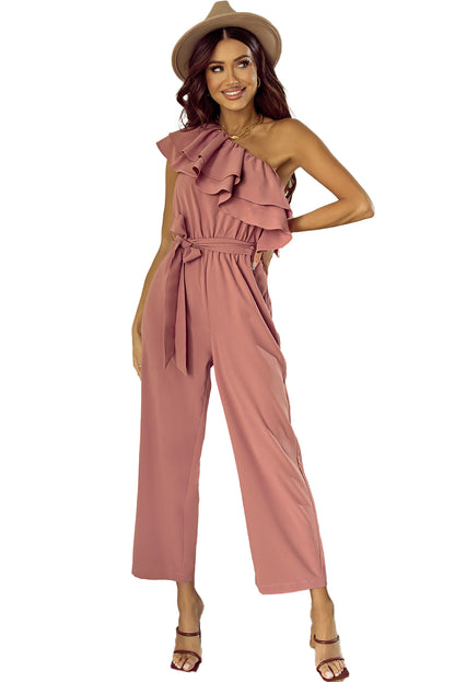 One Shoulder Ruffle Trim Belted Jumpsuit | Dusty Pink