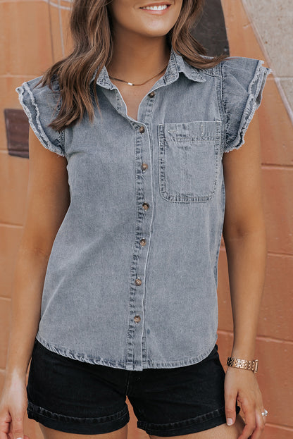 Frayed Ruffle Sleeve Denim Shirt | Beau Blue