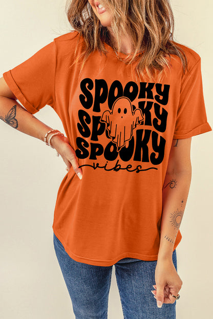 Spooky Vibe Ghost Print Crewneck Halloween T Shirt | Orange