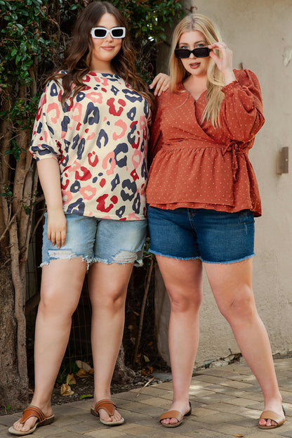 Colourful Leopard Print Batwing Sleeve Plus Blouse | White