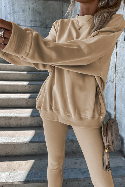 Solid Sweatshirt And Leggings Two Piece Set | Beige