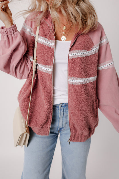 Sherpa Patchwork Lace Elastic Cuff Zip Up Jacket | Rose Pink