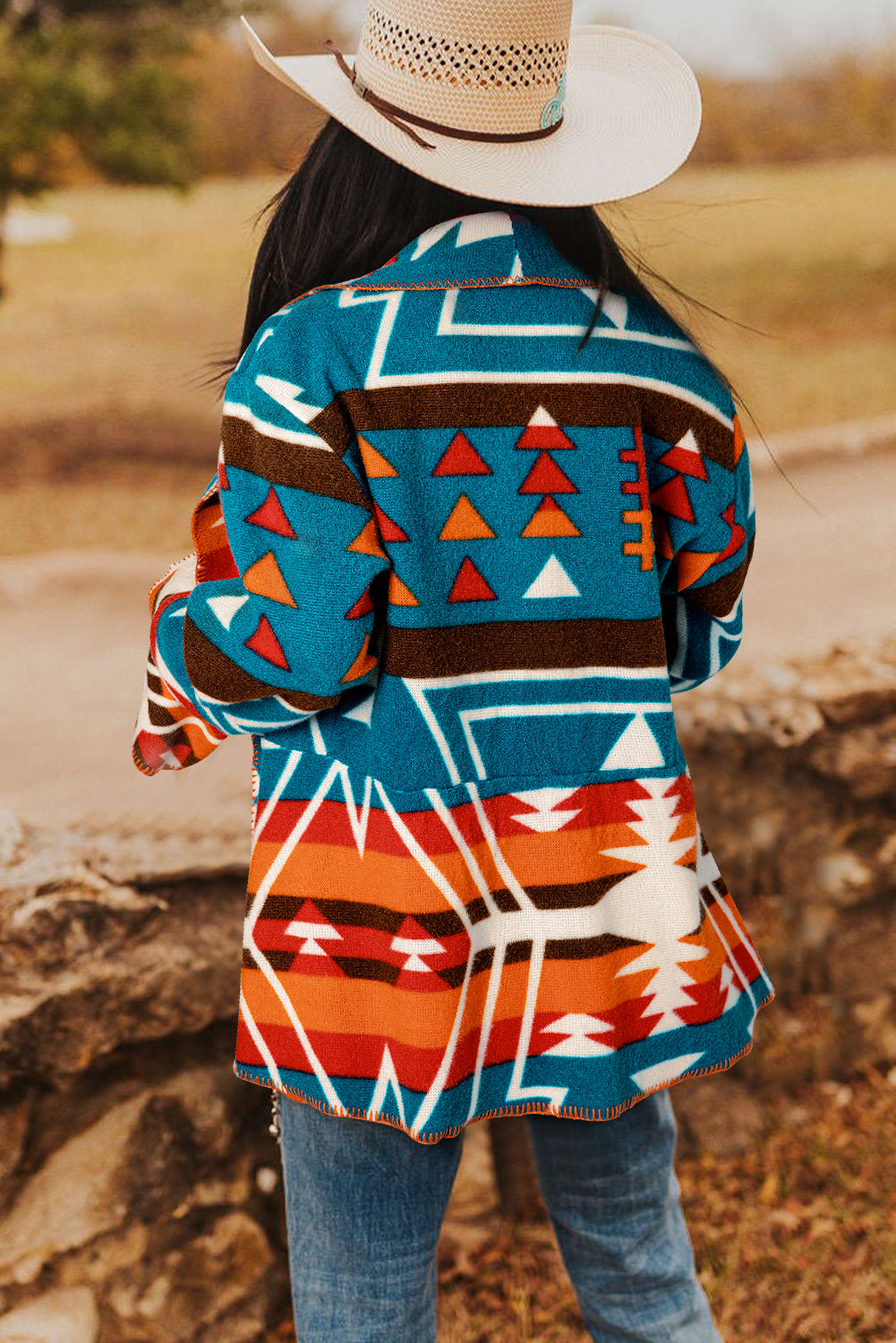 Aztec Printed Lapel Bell Sleeve Jacket | Sky Blue