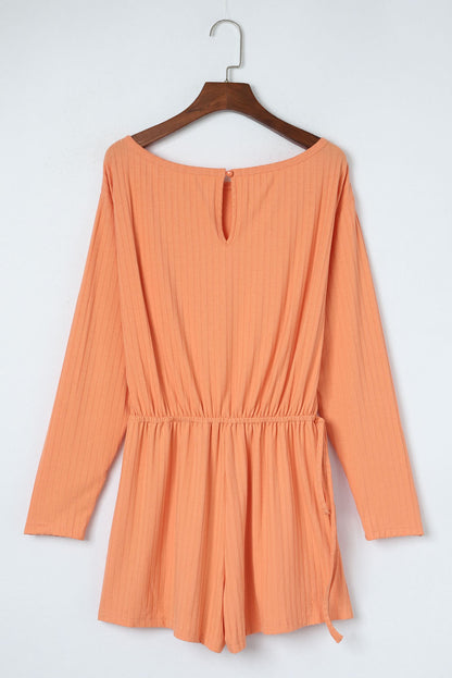 Ribbed Drawstring Waist Long Sleeve Romper | Orange