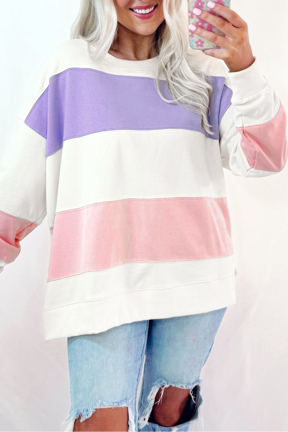 Colourblock Patchwork Drop Shoulder Crewneck Sweatshirt | Beige