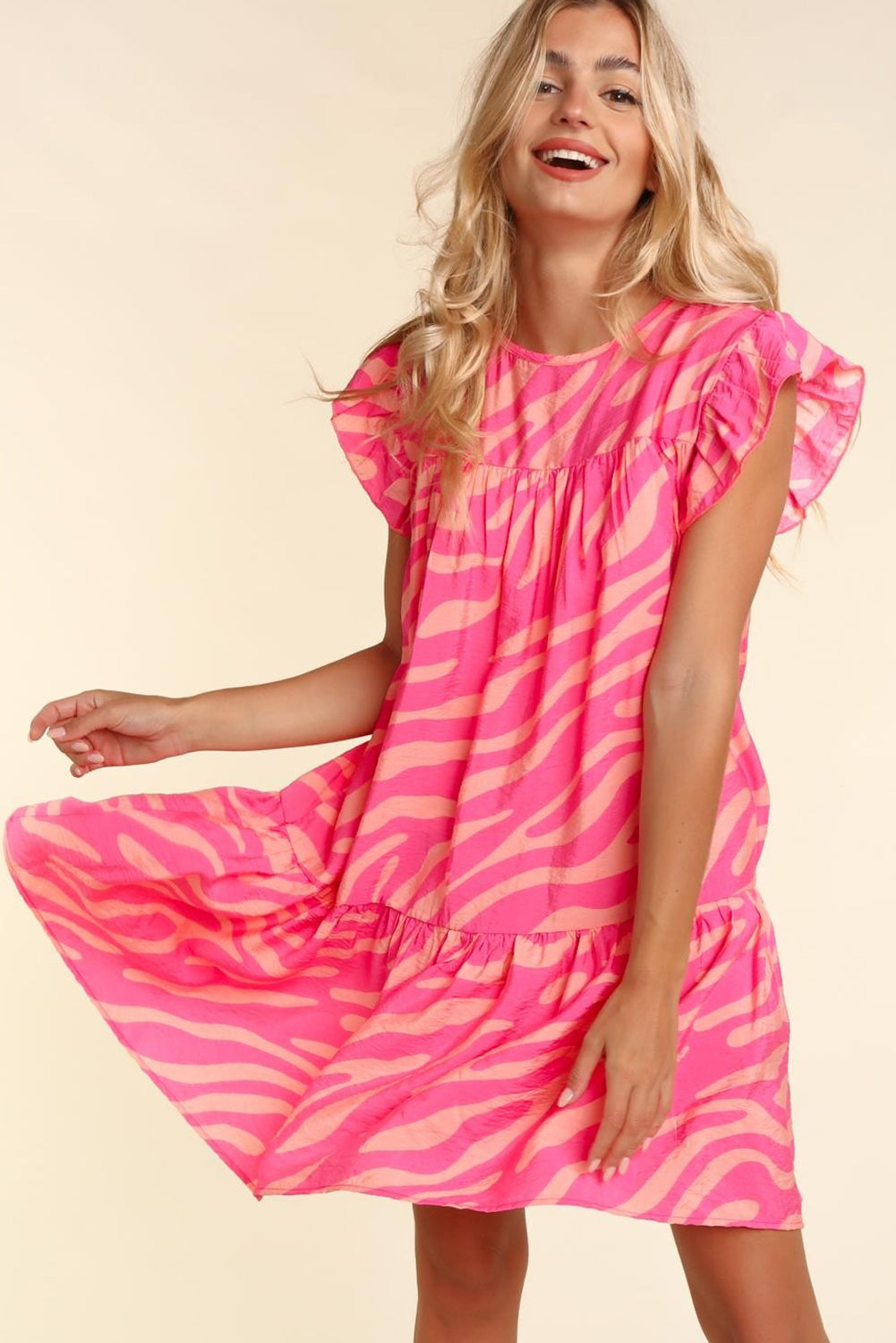 Zebra Stripe Printed Ruffle Trim Pocketed Dress | Pink