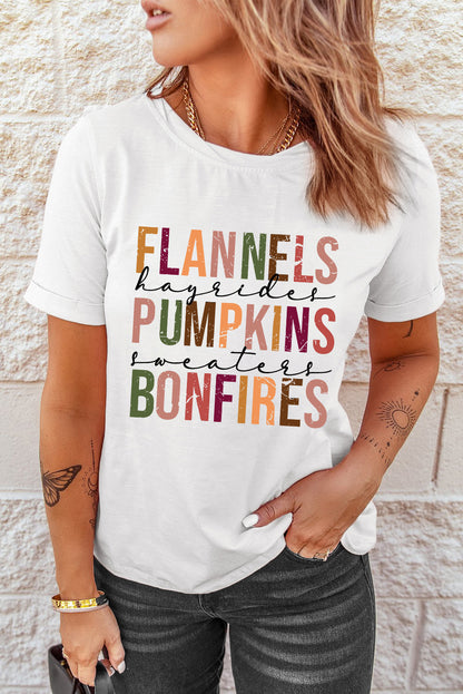 Flannels Pumpkins Bonfires Crewneck Graphic Tee | White