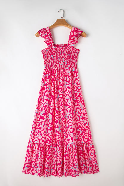 Leopard Ruffle Straps Smocked High Waist Long Dress | Pink