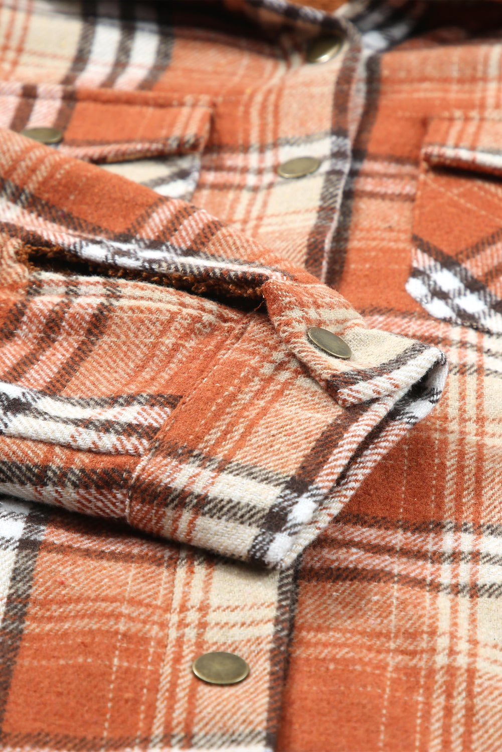 Plaid Pattern Sherpa Lined Hooded Shacket | Orange