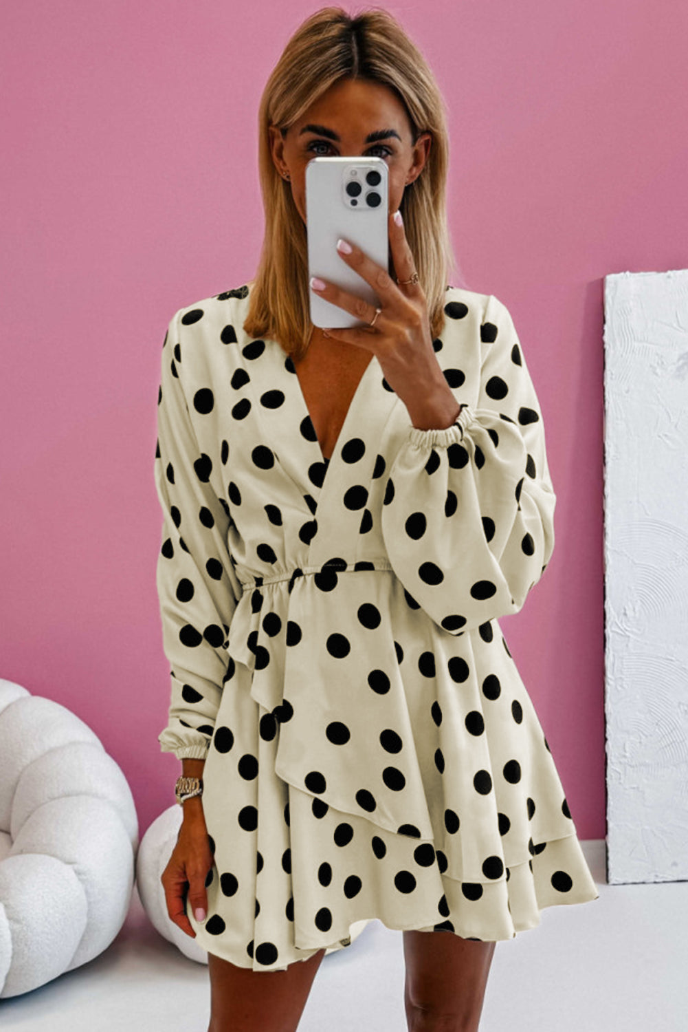 Polka Dot Printed Surplice V Neck Puff Sleeve Mini Dress | Beige