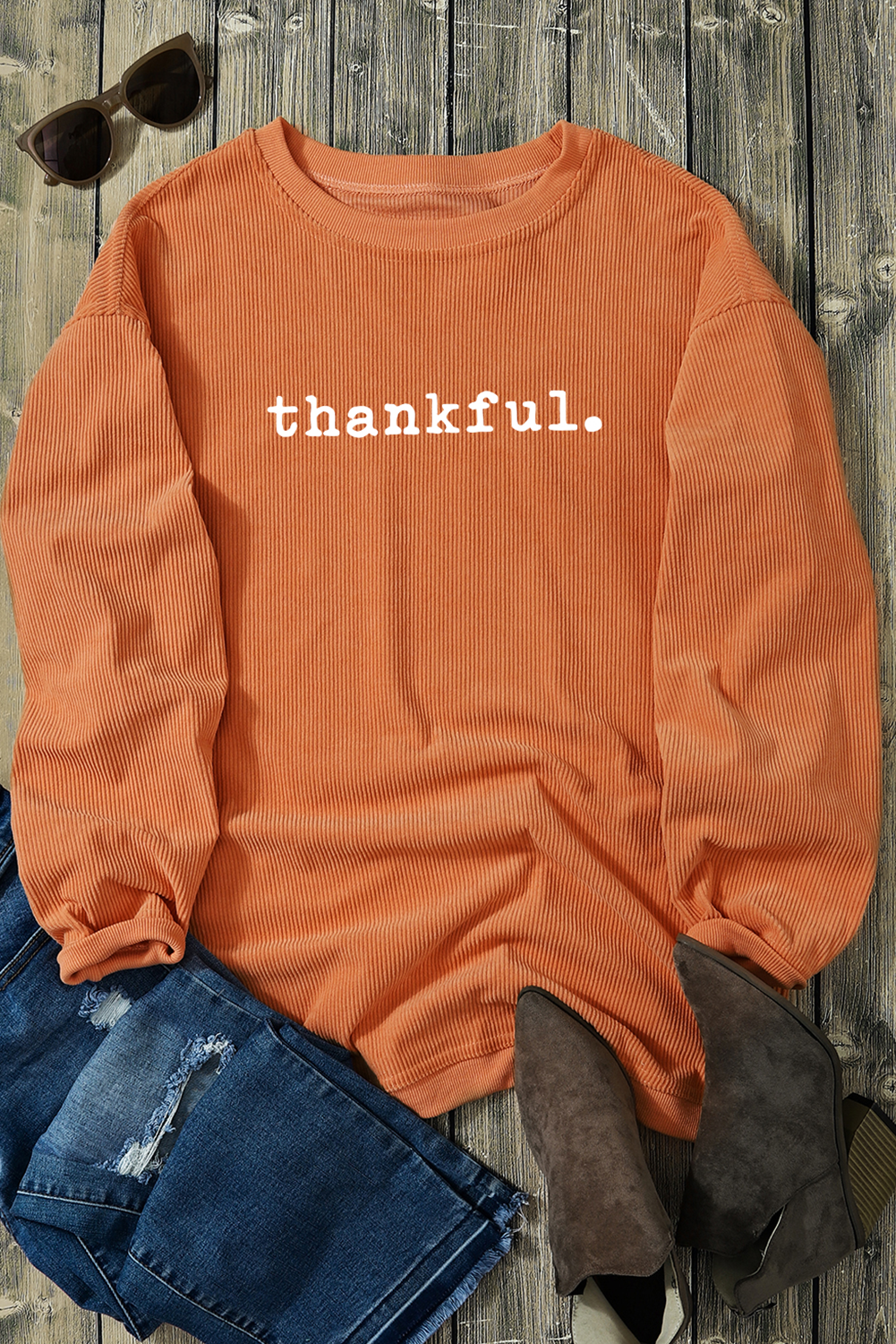 Thankful Ribbed Crew Neck Thanksgiving Sweatshirt | Orange