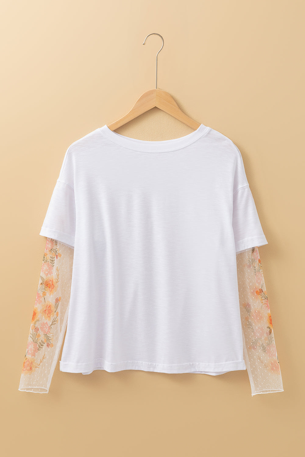 Faux Two Piece Floral Long Sleeve Patchwork Tee | White