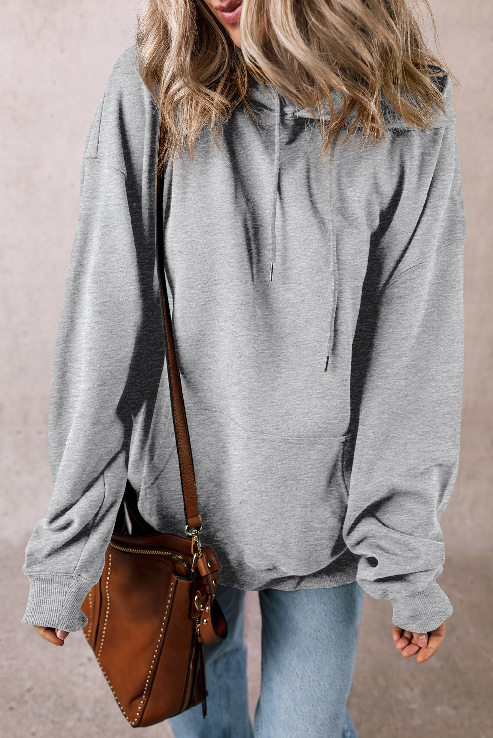 Fleece Lined Kangaroo Pocket Drawstring Chunky Hoodie | Light Grey