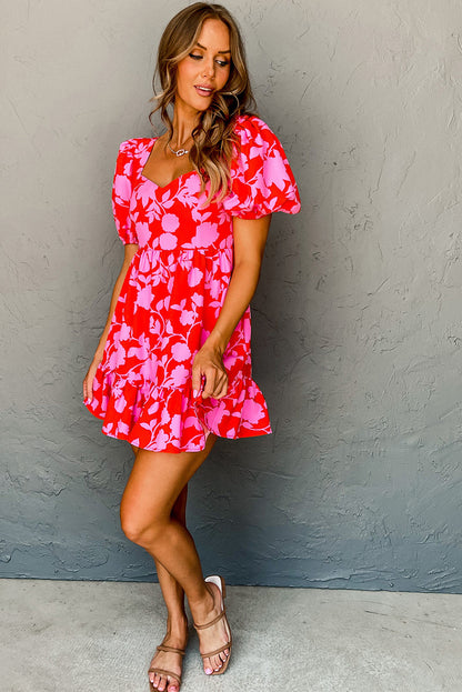 Floral Bubble Sleeve Sweetheart Neck Ruffled Mini Dress | Red