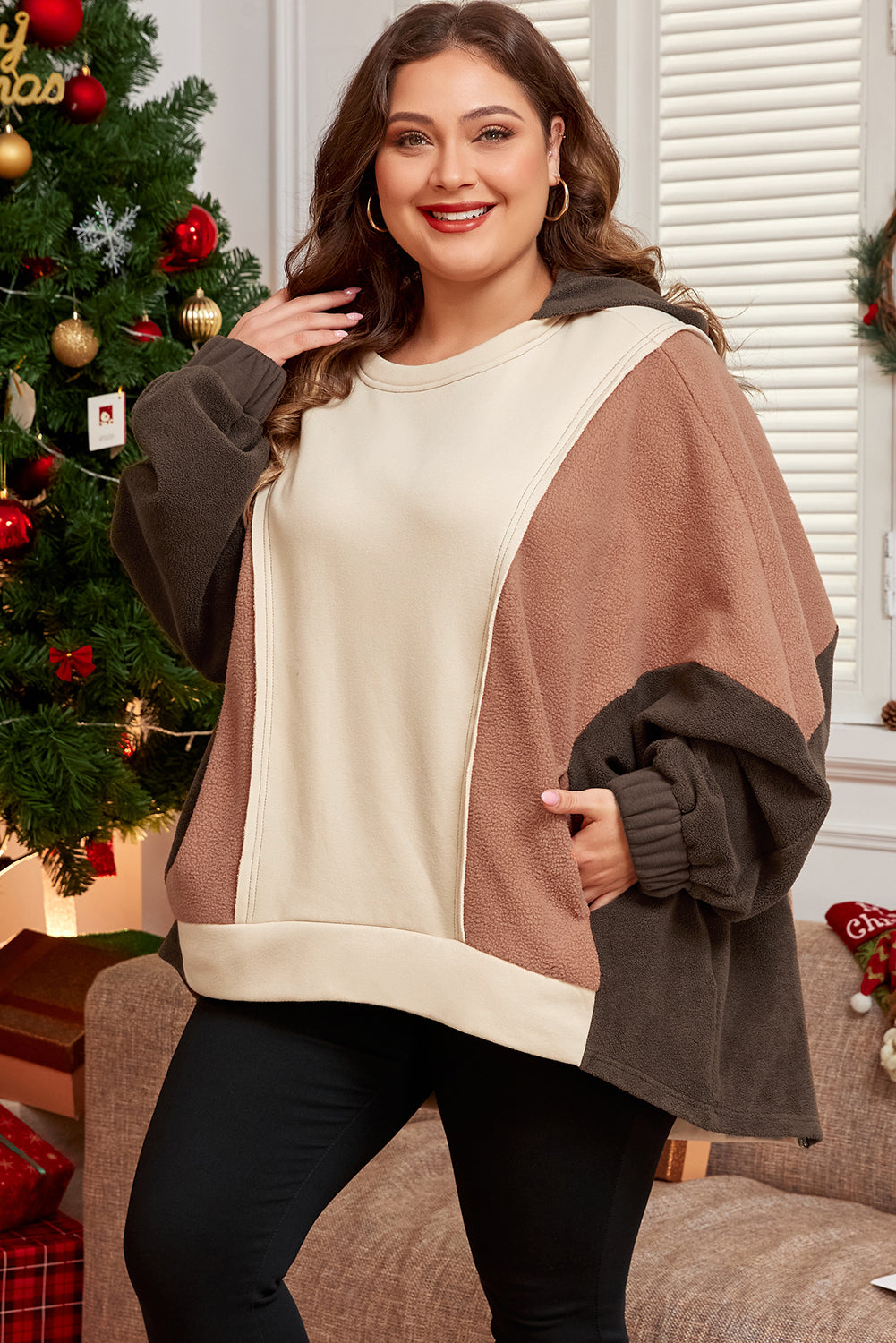 Exposed Seam Colourblock Plus Size Hoodie | Brown