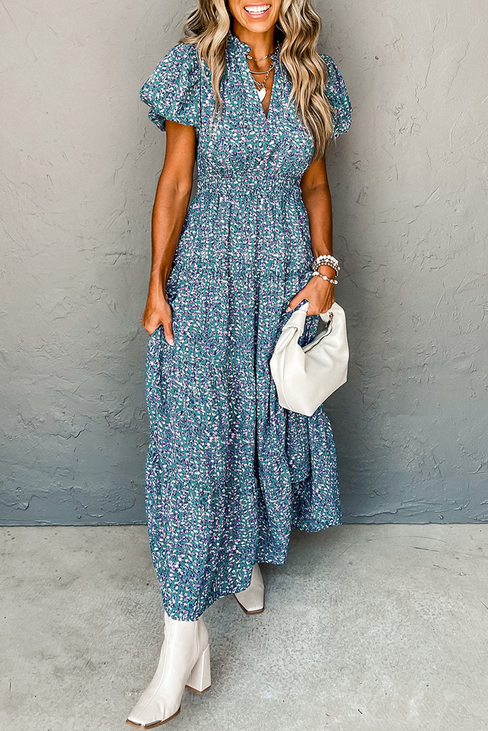 Printed V Neck Shirred Short Puff Sleeve Maxi Dress | Blue