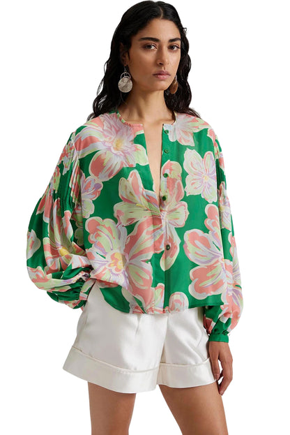 Floral Print Button Up Pleated Puff Sleeve Loose Shirt | Green