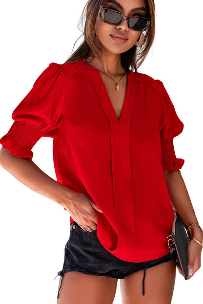 Fiery  Solid Colour Half Sleeve V Neck Blouse | Red