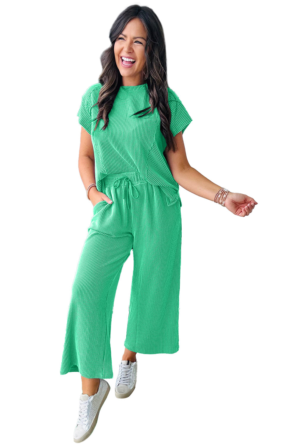 Solid Corded Knit Short Sleeve T Shirt And Wide Leg Pants Set | Bright Green