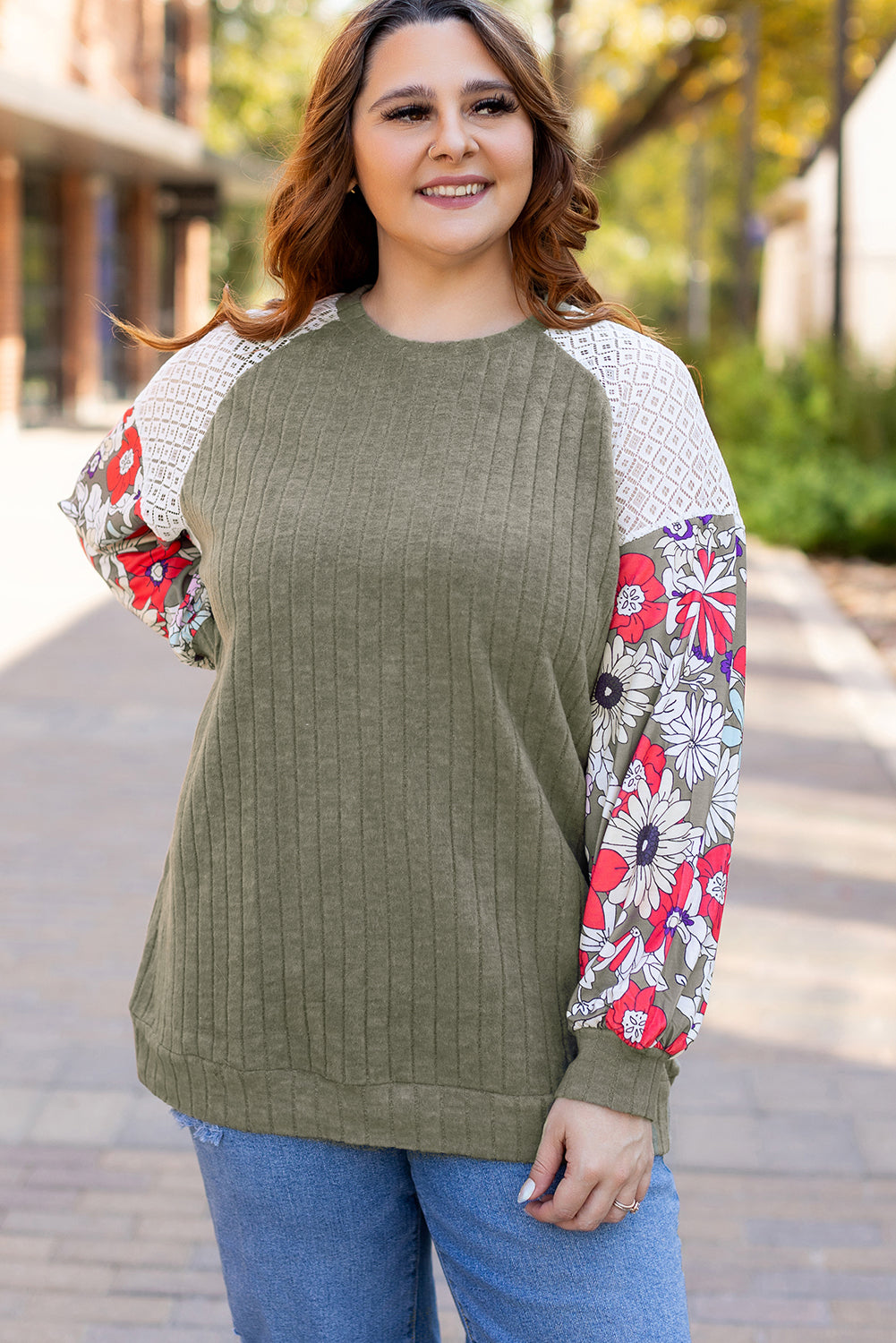 Plus Size Textured Floral Patchwork Raglan Sleeve Blouse | Vineyard Green