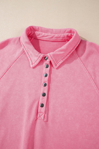 Solid Snap Buttons Collared Balloon Sleeve Oversized Sweatshirt | Pink