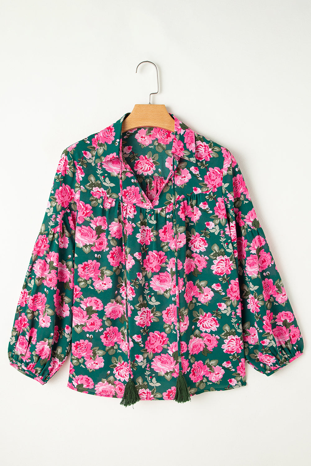 Floral Printed Tied Collar Puff Sleeve Blouse | Green