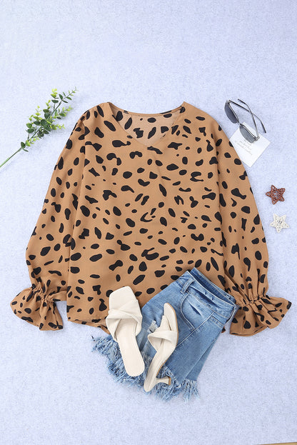 V Neck Ruffled Cuffs Loose Blouse | Leopard