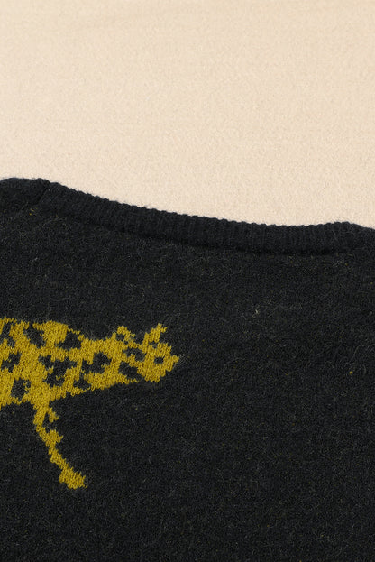 Cheetah Pattern Knit Round Neck Sweater | Black