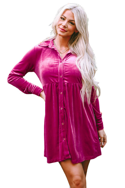 Long Sleeve Ruffle Velvet Button Up Dress | Rose