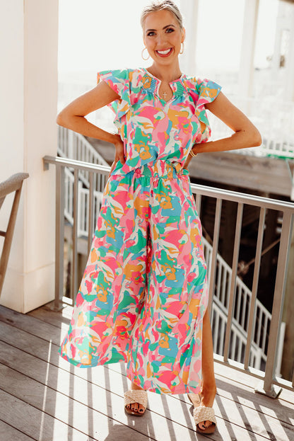 Floral Ruffled Sleeve Top Smocked Wide Leg Pants Set | Pink