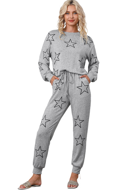 Stars Print Long Sleeve Drawstring High Waist Lounge Set | Gray