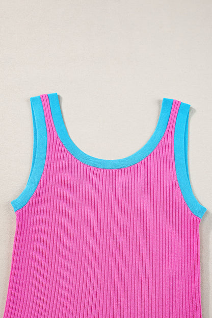 Colourblock Edge Ribbed Knit U Neck Tank Top | Bright Pink