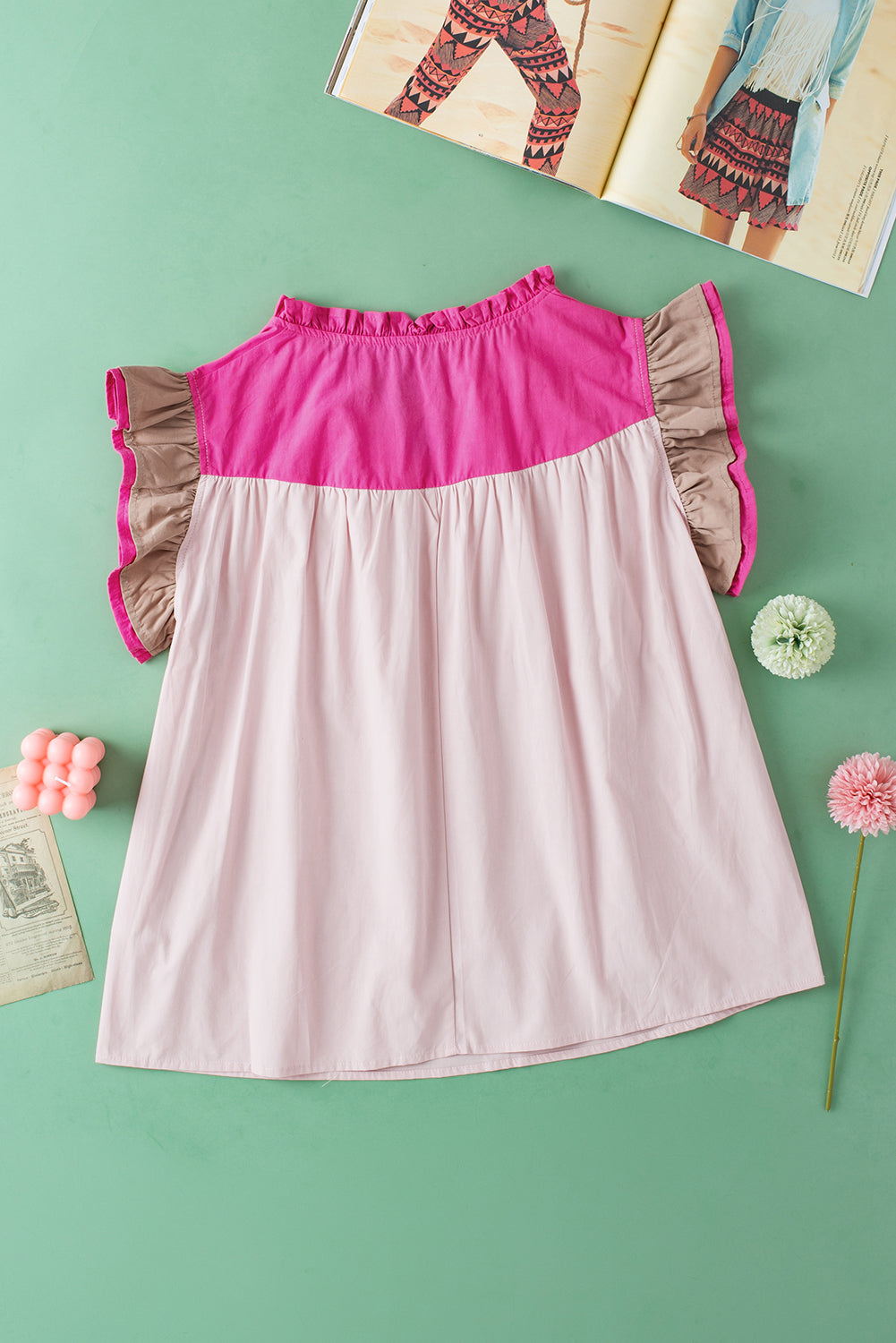 Colourblock Ruffled Sleeve Frill V Neck Blouse | Pink