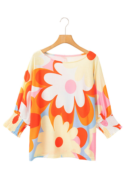 Ribbed Floral Printed Shirred 3/4 Sleeve Blouse | Yellow