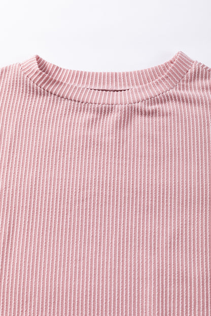 Colour Block Ribbed Knit Quarter Sleeve Top | Light Pink