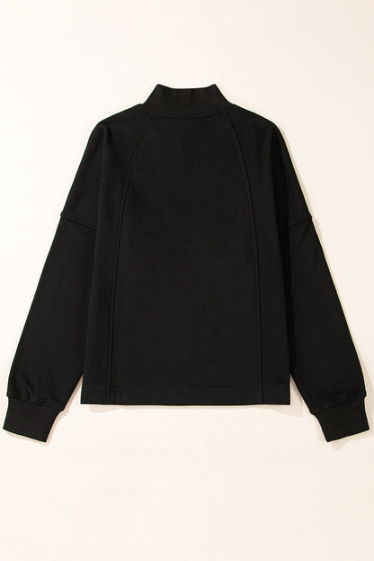 Zipped Neck Pullover Drop Shoulder Sweatshirt | Black