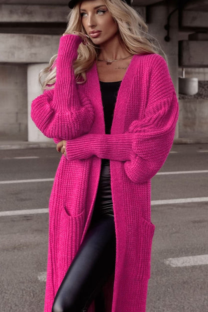 Side Pockets Bubble Sleeve Knitted Cardigan | Rose