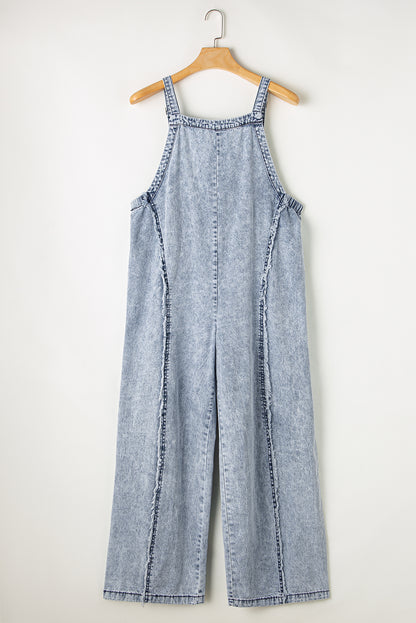 Light Wash Frayed Exposed Seam Wide Leg Denim Overall | Beau Blue