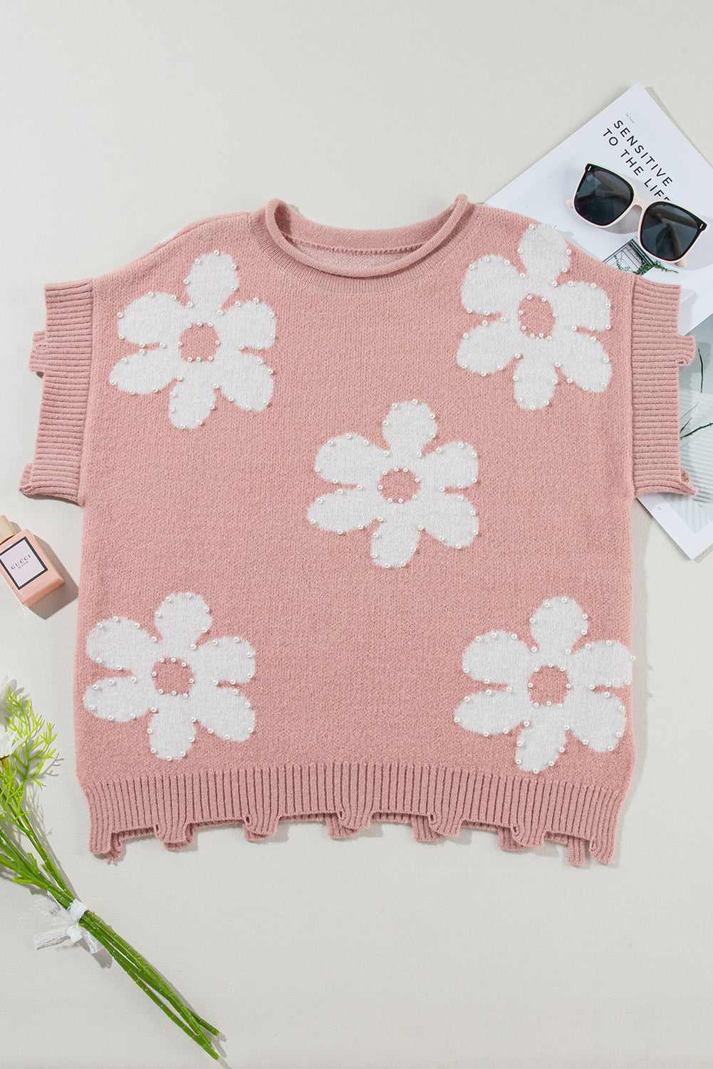 Pearled Flower Distressed Edge Sweater T Shirt | Light Pink