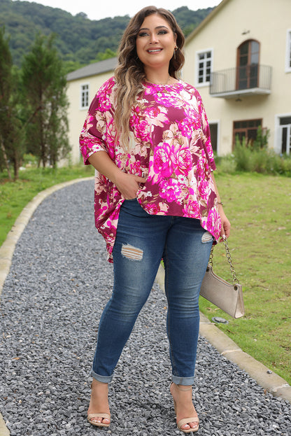 Floral Print Short Sleeve Plus Size Blouse | Red