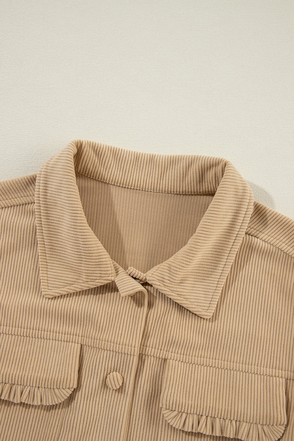 Solid Frilled Flap Pocket Button Up Corduroy Shacket | Light French Beige