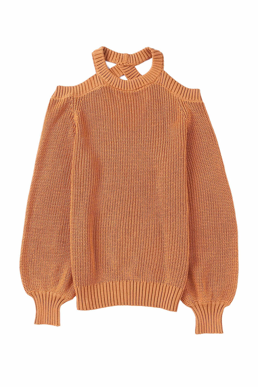 Crew Neck Cold Shoulder Hollow-Out Back Sweater | Brown